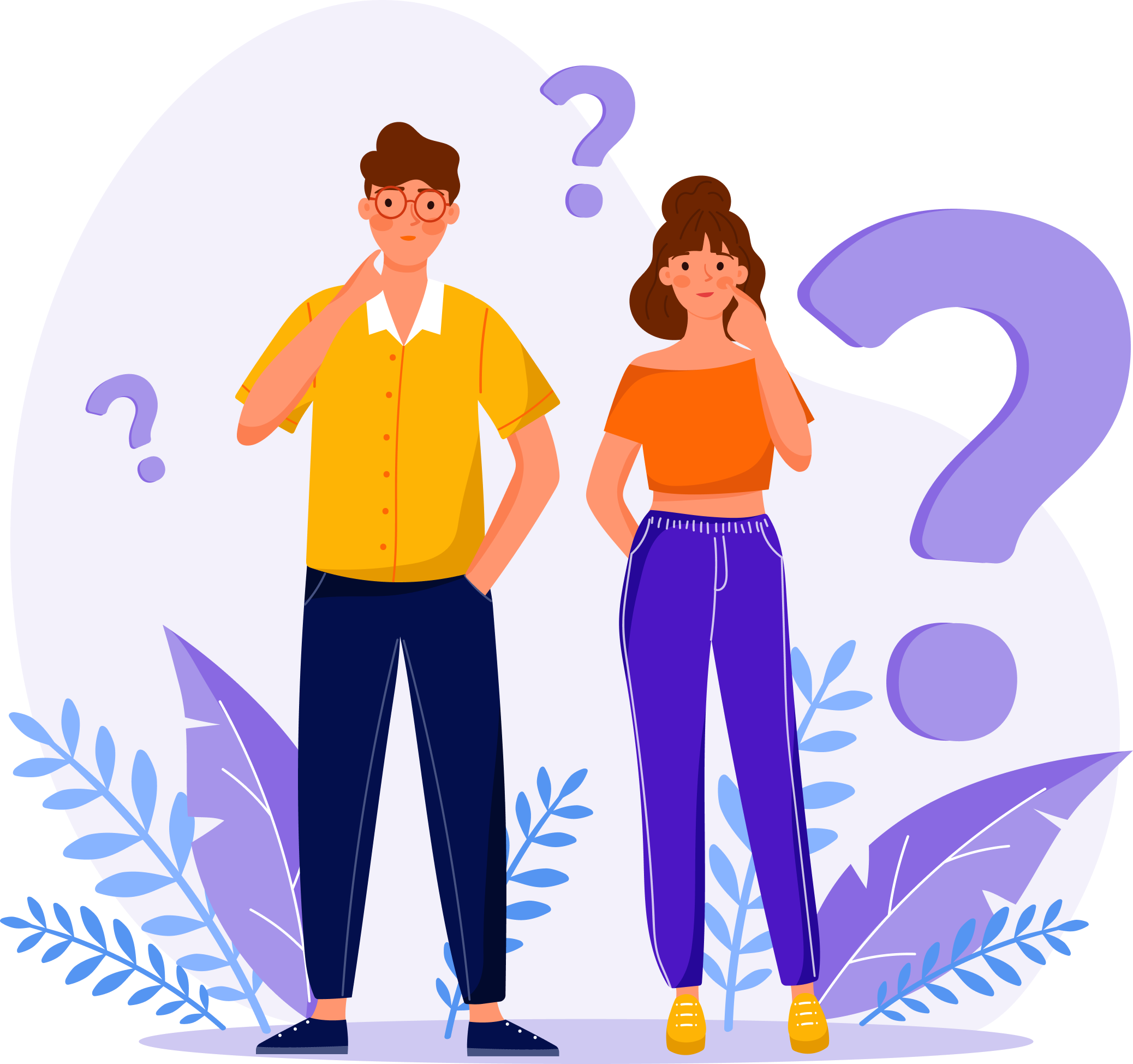 Two people looking confused with question marks